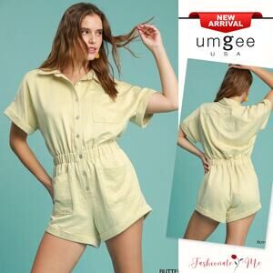 Umgee Button Down Side Pockets Short Sleeves Relaxed Charmeuse Romper | Butter